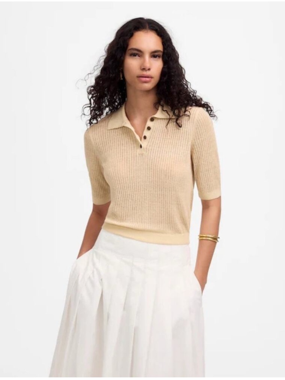 Madewell Short-Sleeve Polo Sweater Tee Linen Blend Sand Size M